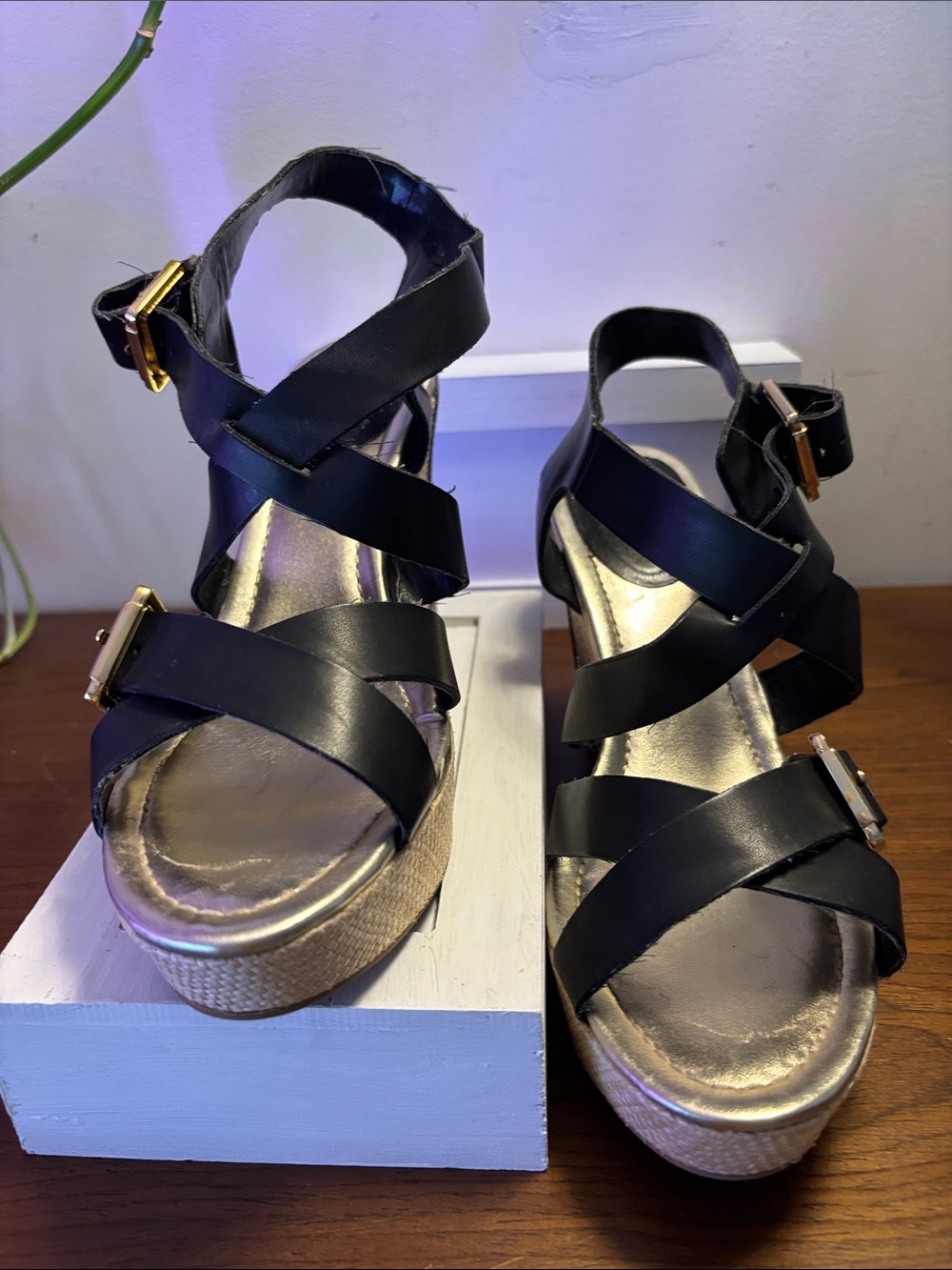 Black Strappy Platform Wedge Sandals - Women's